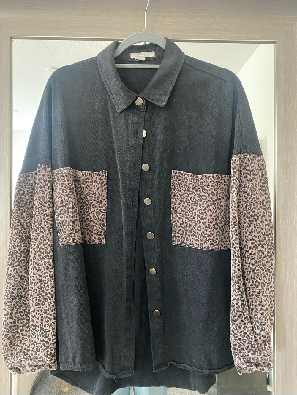 12th Tribe Black Jacket with Brown Leopard Print Accents